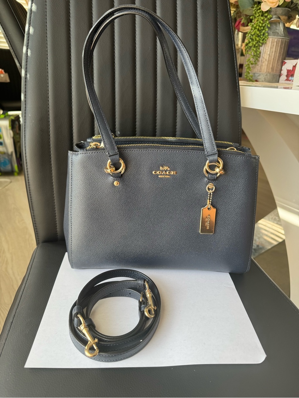 Coach Etta Carryall Navy Leather Tote with Removable Strap style No. 76938
